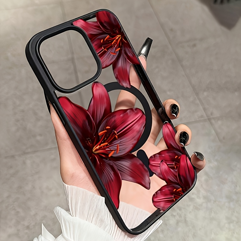 TEMU Phone Case - 1pc Acrylic Magnetic Phone Case, Burgundy Lily Print With , Strong Magnetic Adsorption, Lens Heightened Protection, Ideal Birthday