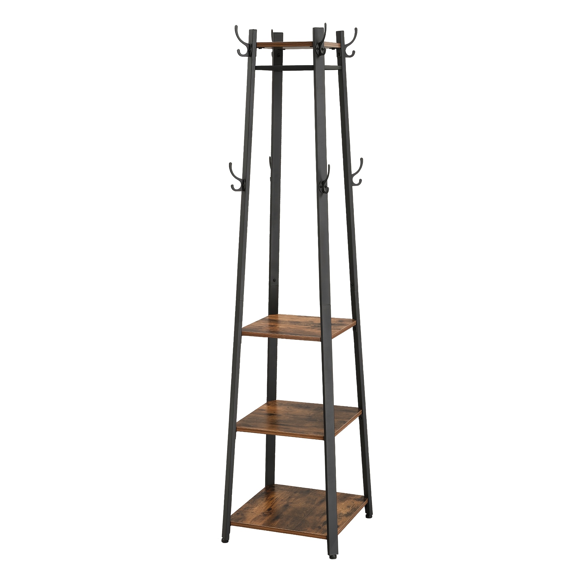 Image of Coat Stand, Coat Rack With 8 Hooks, 4 Shelves, Clothes Rails, Metal Frame, For Jackets, Bags, In Hallway, Bedroom, Rustic Brown And Black, 43 X 180cm