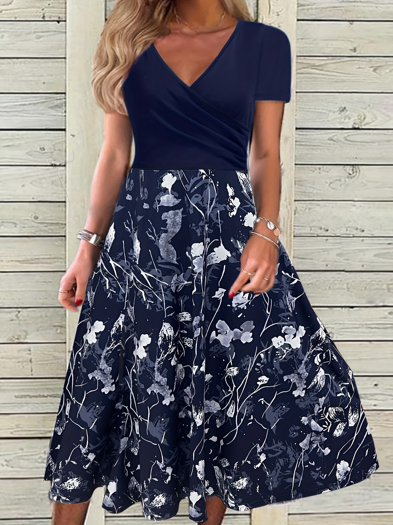 floral print surplice neck dress elegant short sleeve dress for spring summer womens clothing navy blue 0