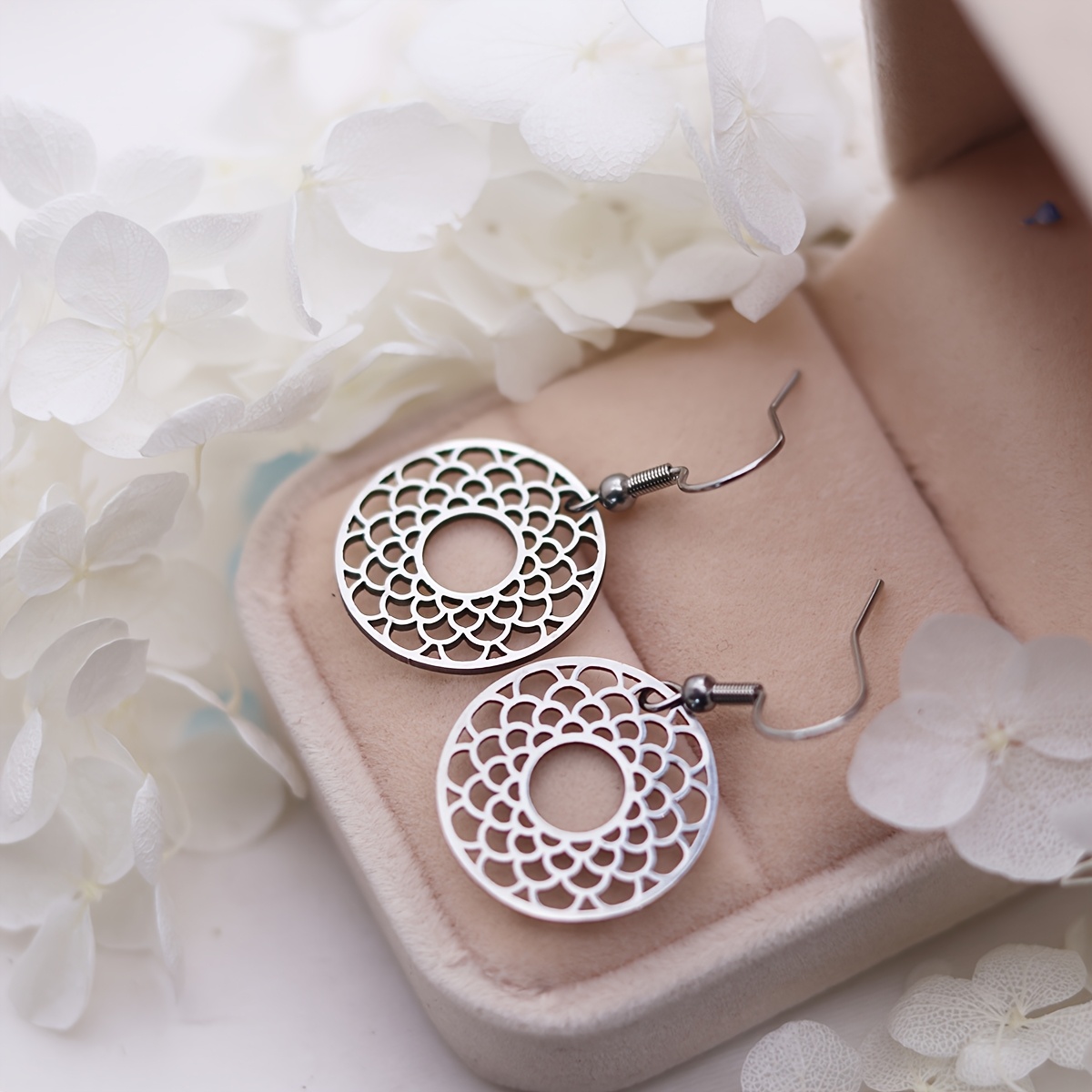Stainless Steel Laser Cut Round Earrings Fish Scale Earrings Chain Disc Charm Earrings