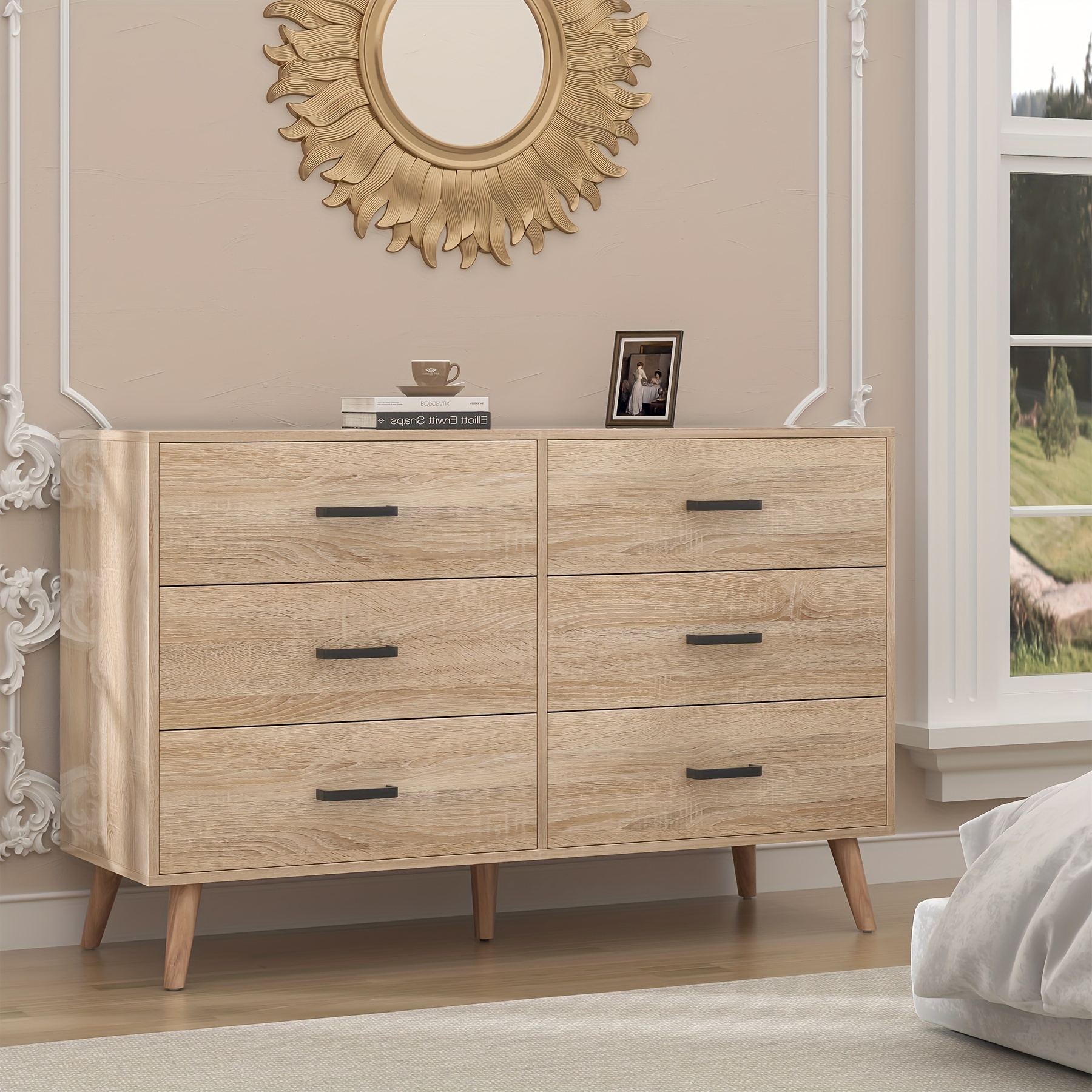 wood dresser bedroom 6 drawer dresser metal handles - Temu