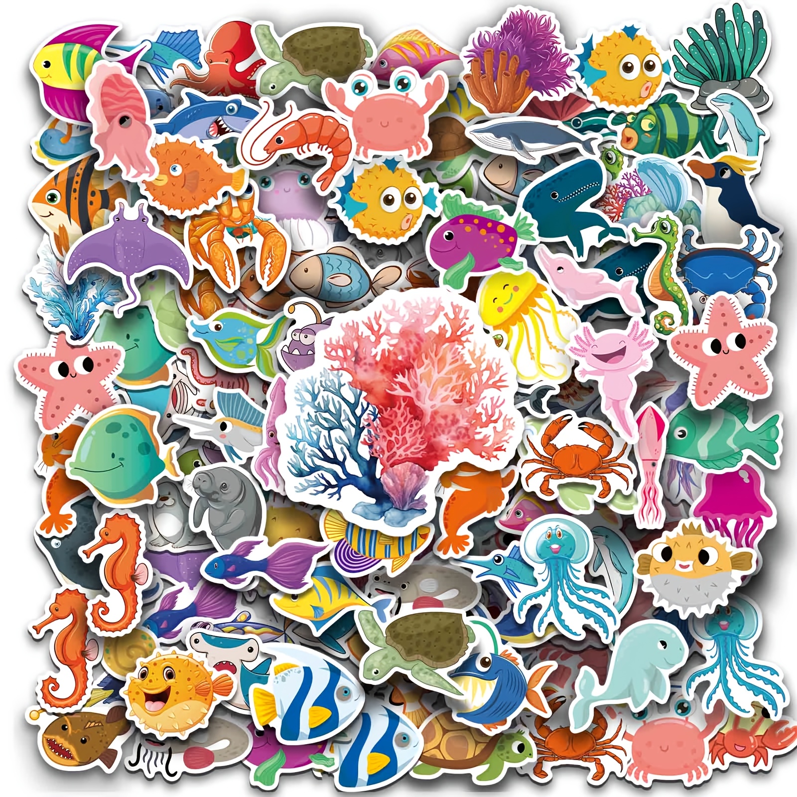 100 Fun Ocean-themed Stickers Featuring Unique Deep-sea Plants And Creatures In Cartoon Style