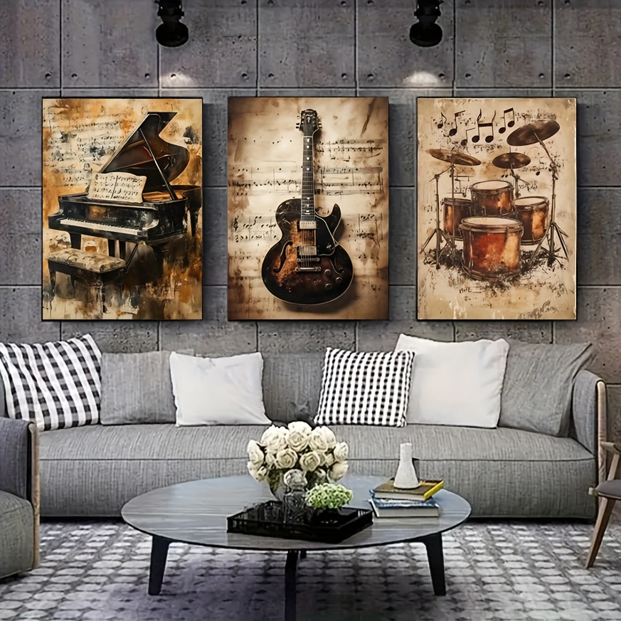 E-shop 2D Flat, 2D Flat, 3-teiliges Retro Musikinstrument Leinwand Wandkunst Set, Gitarre, Klavier, Schlagzeug Kunstwerke, Rahmenlose Poster, Geeignet