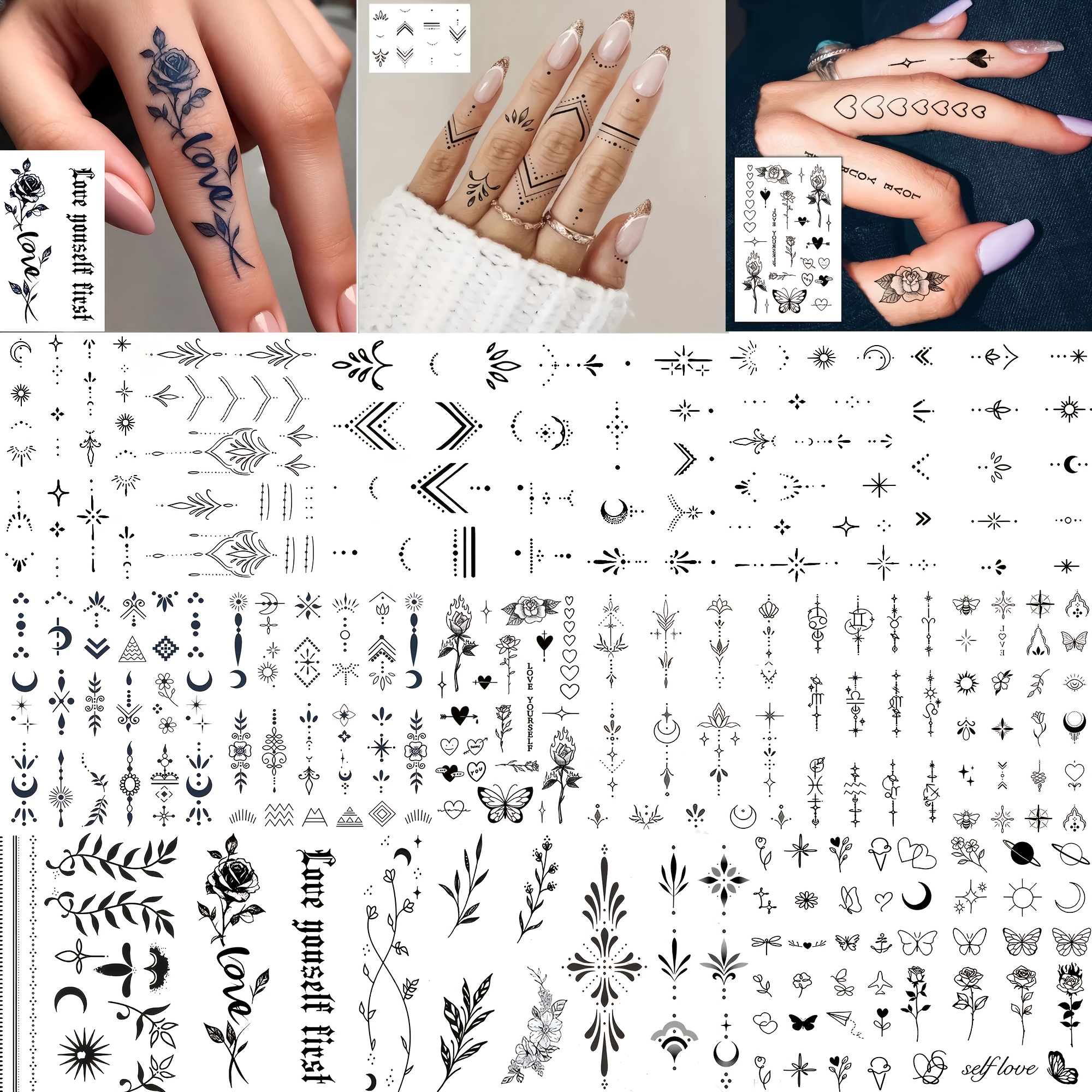Image of 18 Sheets Fashion Small Arrow Crescent Sun Flower Temporary Tattoos For Hands Finger Pendants Temp Tatoos, Waterproof Realistic Leaf Fake Tattoo Sticker For Men Women Adults Ear Neck Decals
