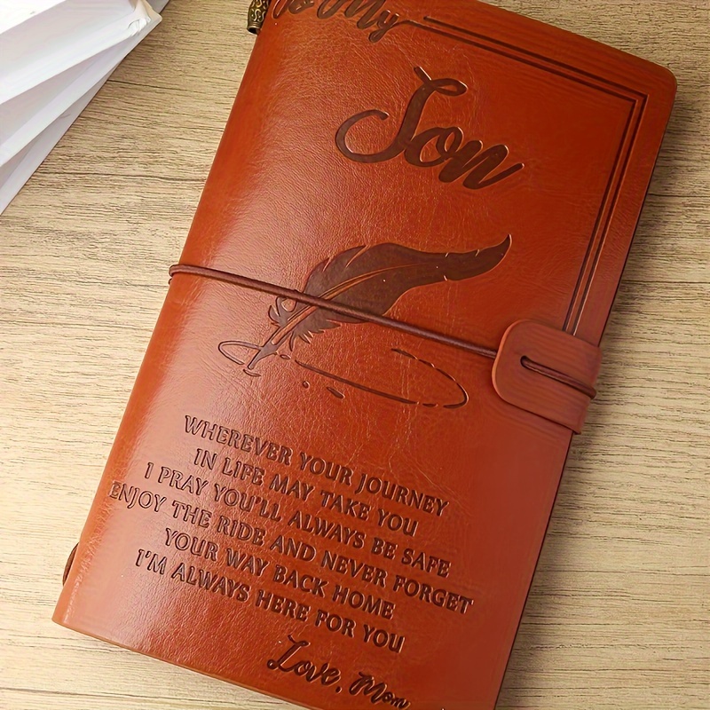 

Leather Journal For Son From Mom - 120 Pages Sketchbook With Card Slots And Pen - Engraved Inspirational Quotes - Graduate Return School Gift For Boys