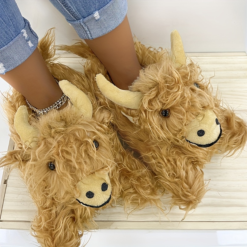 Fun Highland Scottish Yak Plush Indoor Cartoon Animal Indoor Home Slippers