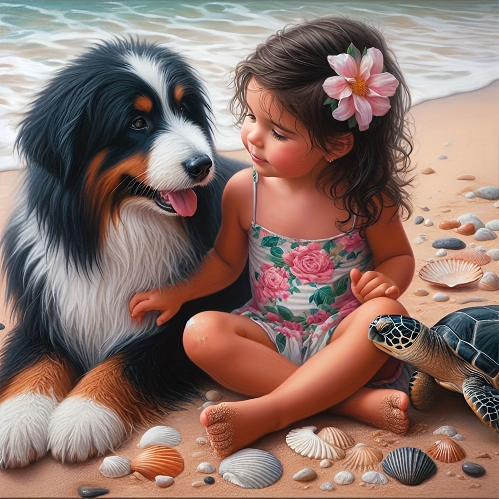 

Diy 5d Diamond Painting Kit Beachside Companion - Dog & Girl - Round Acrylic Diamonds Embroidery Art Craft For Wall Decor, 40x40cm Full Drill Canvas Set, Theme: Other