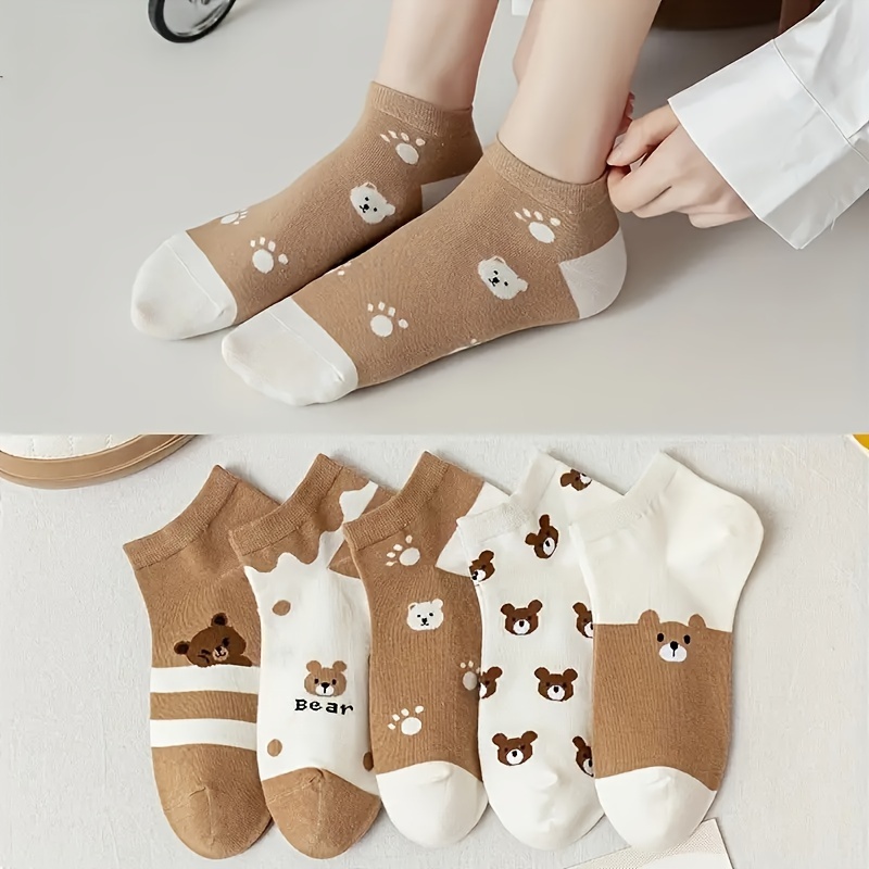 

[5 Pairs] Soft Teddy Bear Socks, Cute Pattern Ankle Sock Pack, Women's Stockings & Hosiery