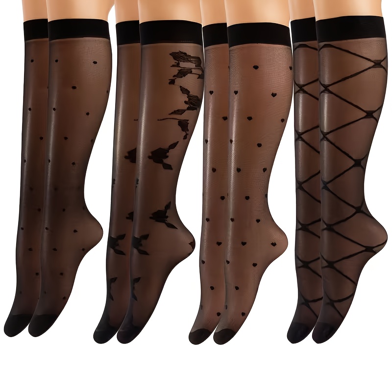 Image of 4 Pairs Of Women's Transparent Knee Length Socks With Elegant Floral Patterns, Breathable And Comfortable Black And White Stockings, Machine Washed, Fabric, With Decal Details
