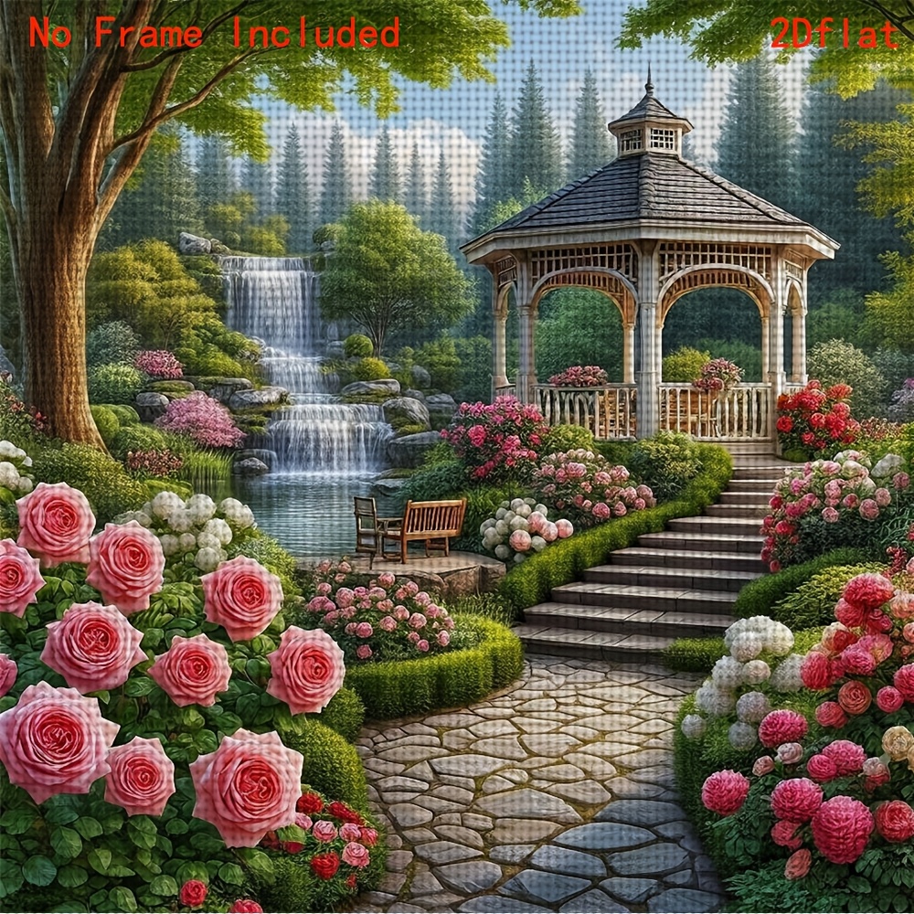 TEMU 1pc Complete Diy Cross- Embroidery Kit Suitable For Living Room Or Bedroom Wall Decor - Garden Waterfall Floral Scene With Pre-printed Fabric,