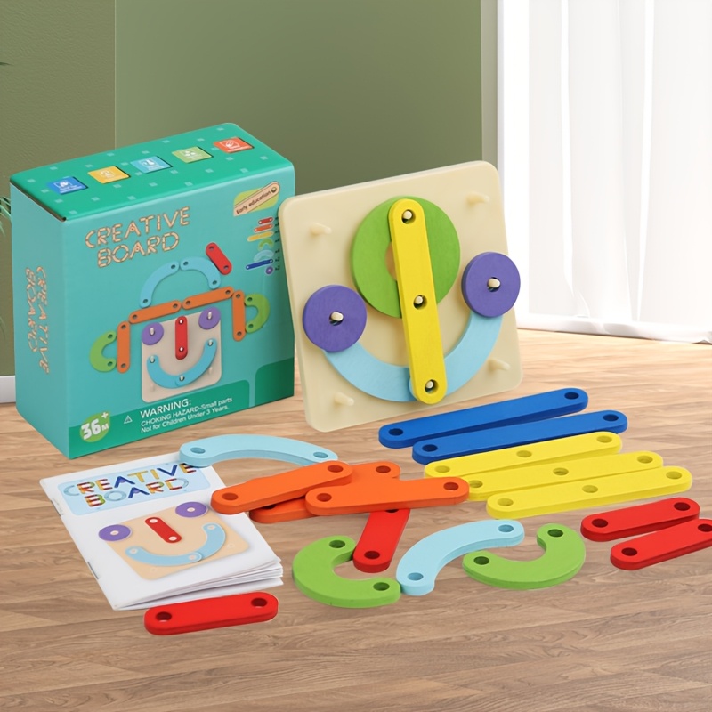 TEMU Puzzle Créatif en Bois, de Construction, Panneau de Perforation Coloré Multi-, Jouet d'Association de avec Cartes de Référence