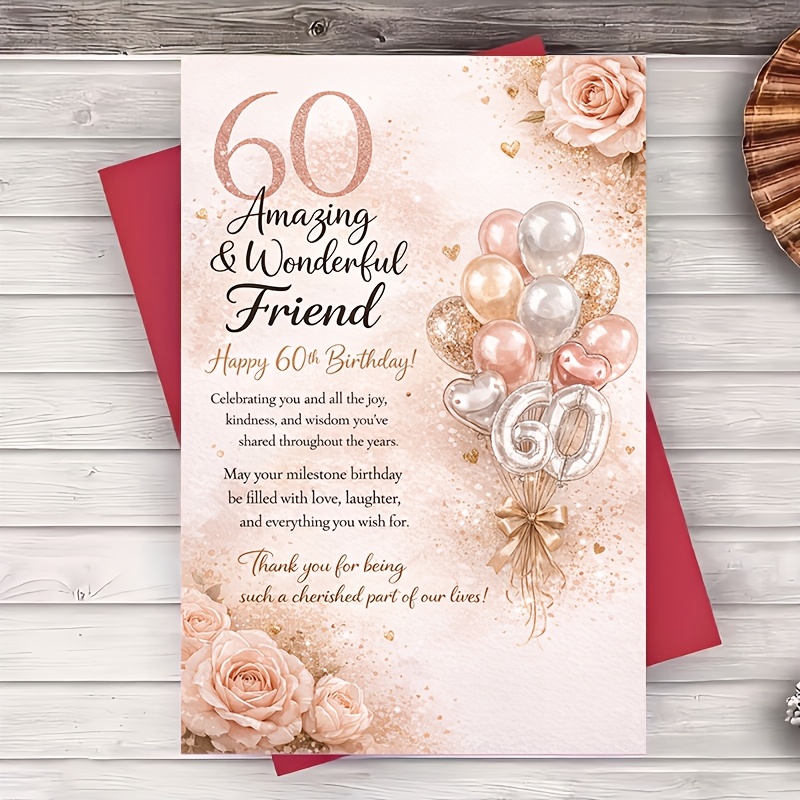 TEMU 1 Envelope And 1 Greeting Cardelegant 60th Birthday Greeting Card For Friend Rose Golden Balloons And Roses For Her Him Milestone Celebration