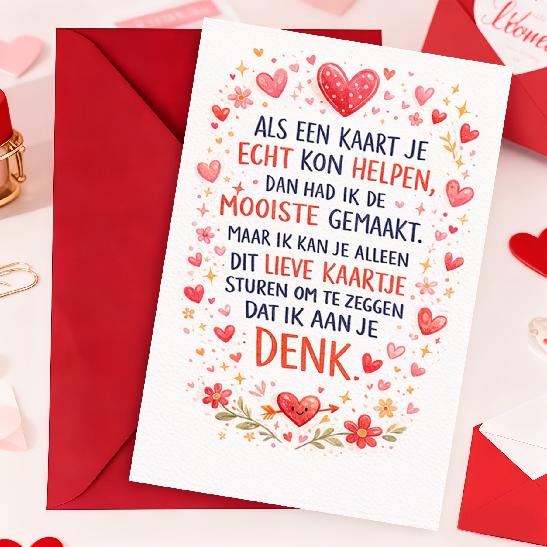 TEMU Watercolor Greeting Card With Red , Background With Cute Floral Accents, Warm Wishes Card, With Red Envelope