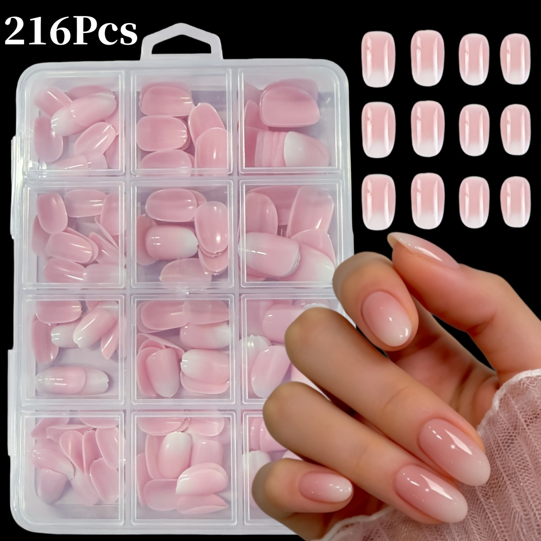 Image of 216pcs Short Oval Press On Nails, Pink/white Ombre 12 Sizes Fake Nails Set, Easy And Versatile Style Suitable For Women, Suitable For Wearing In Summer