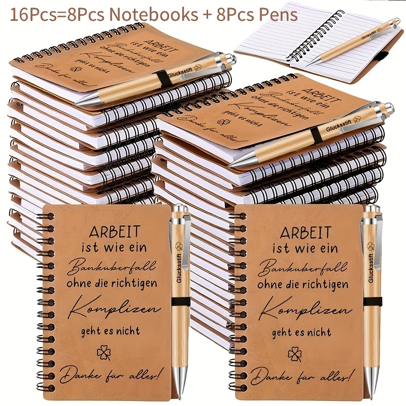Image of 16pcs German Spiral Coil Notebooks, 8-set German Thank You Gift For Colleagues Teachers Inspirational Employees Spiral Notepad Ballpoint Pen Farewell Gift (work Is Like )