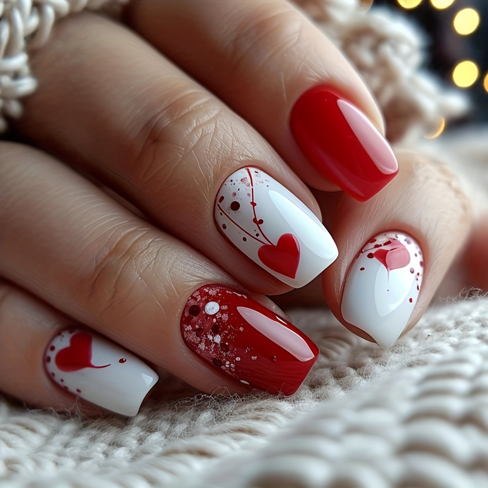 TEMU 24pcs Medium Square Nails, Love Valentine's Day Wear Nail Design, Glitter Detachable Nails
