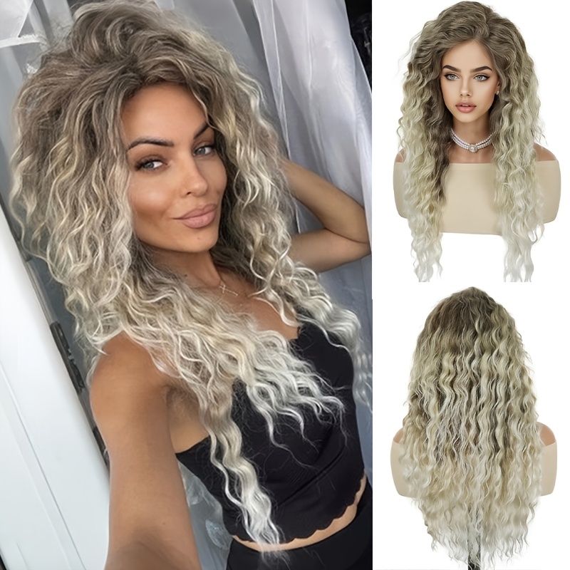 Image of 28 Inch Dark Root Silvery Grey Ombre Water Wave Wig For & Tones, Long Curly Synthetic Hair Wig, Heat Resistant, Soft & Full, Natural Looking Full Wig For Daily Wear, Party & Cosplay