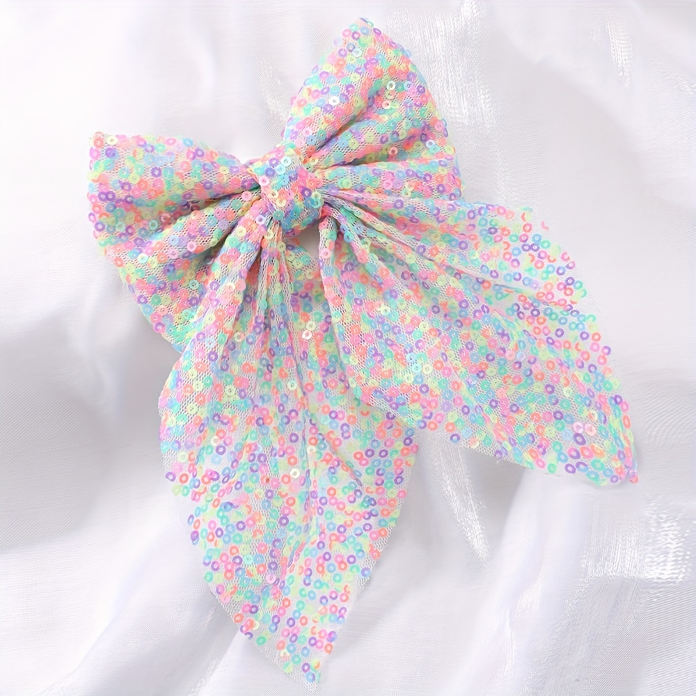 

1pc Elegant Glitter Bow Hair Clip For Girls, Sparkly Sequined Polyester Non-woven Fabric, Daily & Casual Accessory With Long Tails