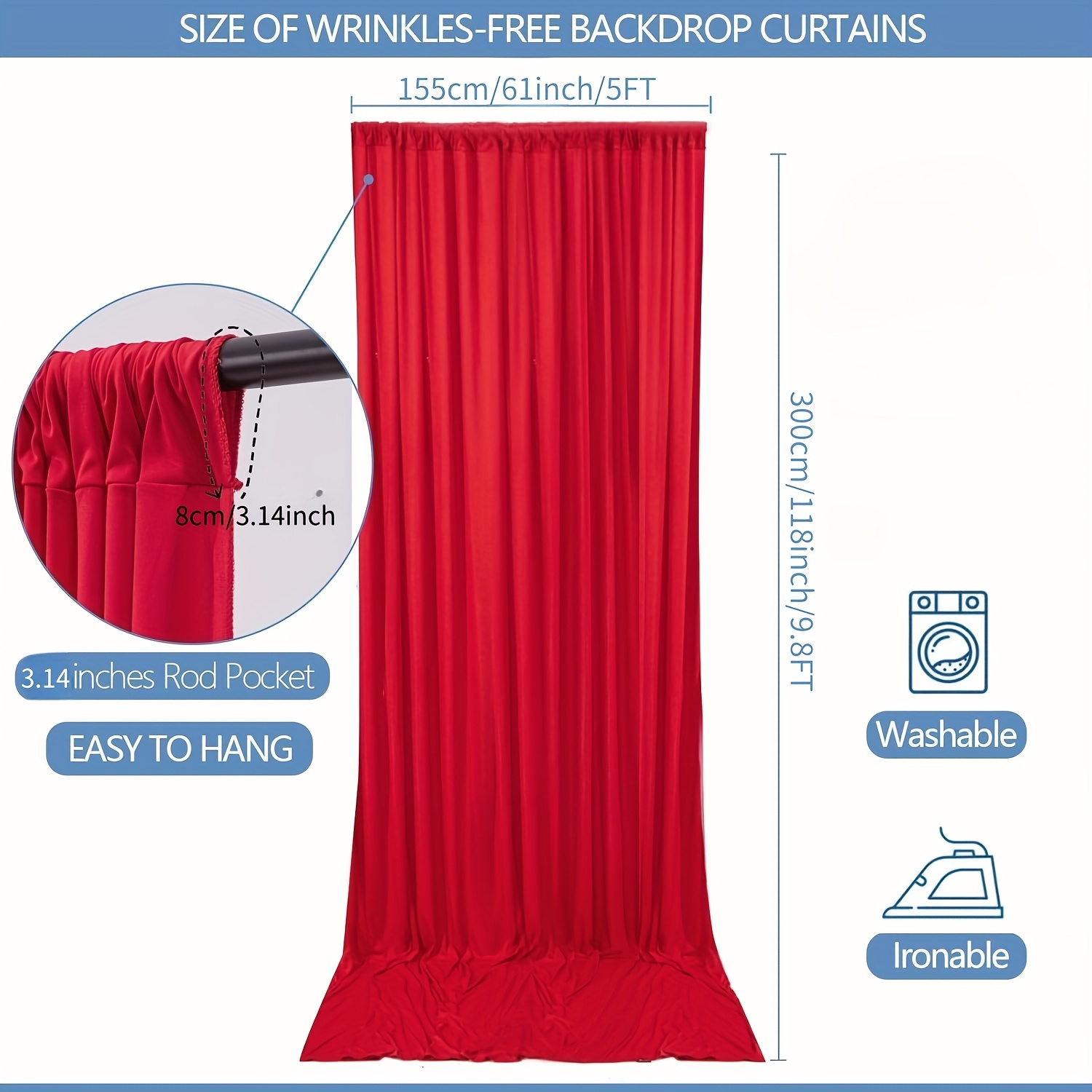 E-shop Klassischer Roter Polyester-Hintergrund, 61*118 Zoll - Eleganter Faltenfreier Rot Vorhang für Partys, Weicher Stoffvorhang in Elfenbeinfarben