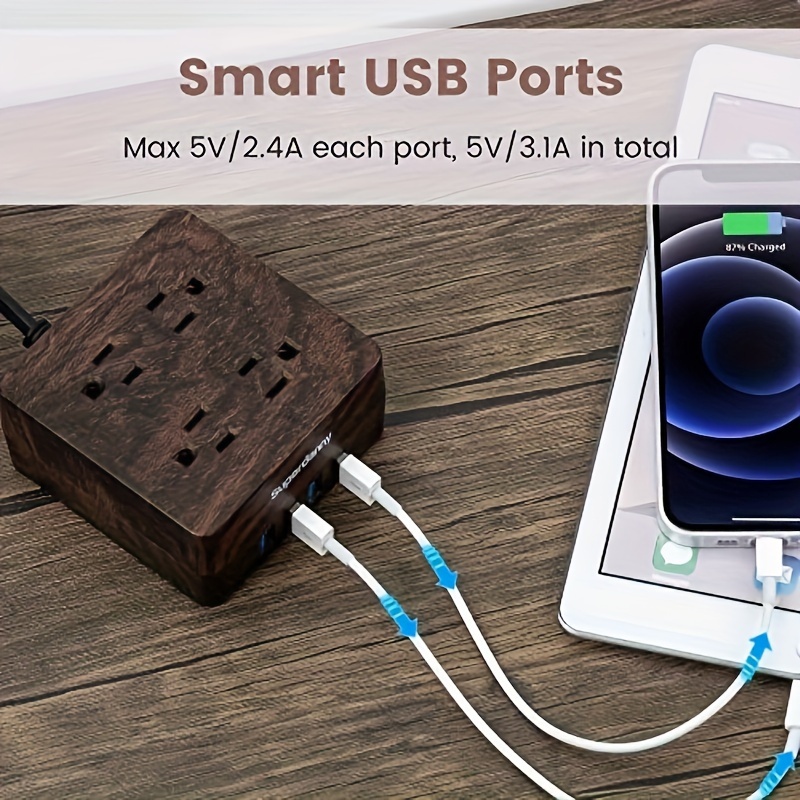 

Superdanny Usb Power Strip Protector - Desktop Extension Cord With 4 Widely Spaced Outlets & 4 Smart Usb Ports, Portable Charging Station For Home, Office, Hotel, Dorm, Rv, Deep Walnut Grain