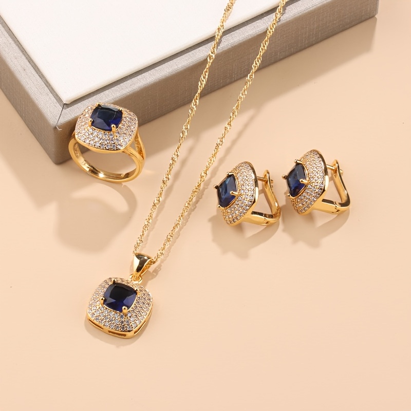 Image of Brazil/arabia Popular 4pcs Set Of Easy And Elegant Women's Jewelry Including Square Earrings, Rings, Necklaces, And Pendant For A Luxurious