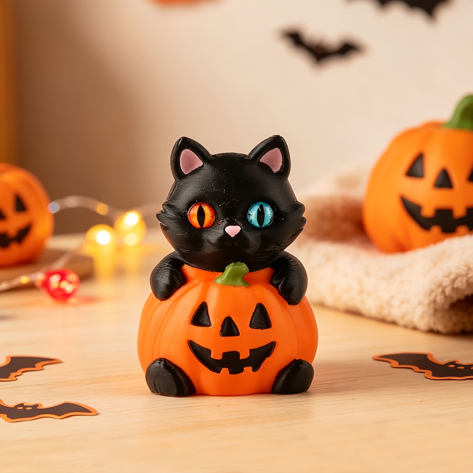 TEMU (collectible Figurines) Halloween Pumpkin Black Cat Desktop Ornament, Creative Heterochromia Black Cat Holding Pumpkin Design, Suitable For Home
