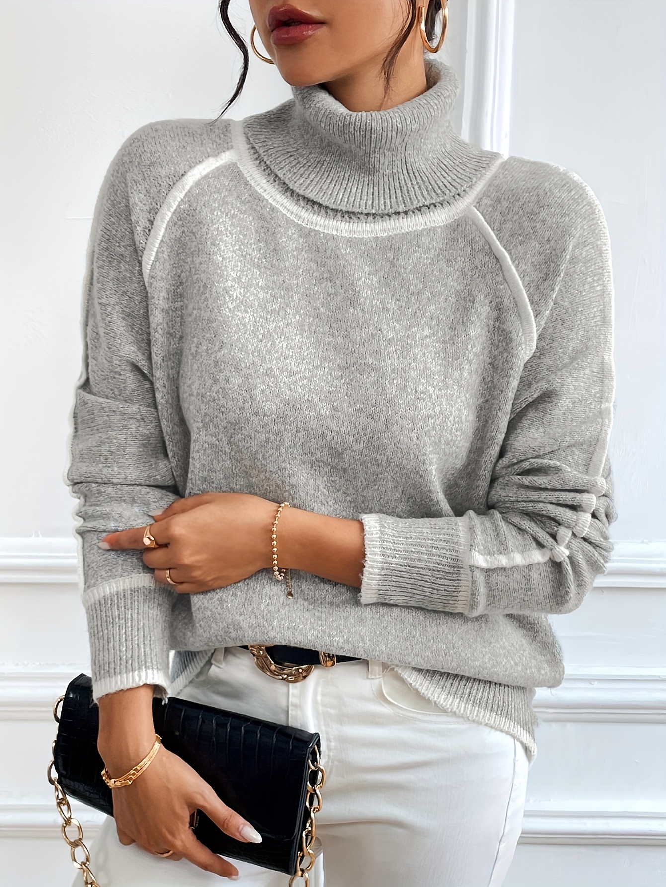 contrast trim turtle neck sweater casual long raglan sleeve sweater for fall winter womens clothing Product details 0