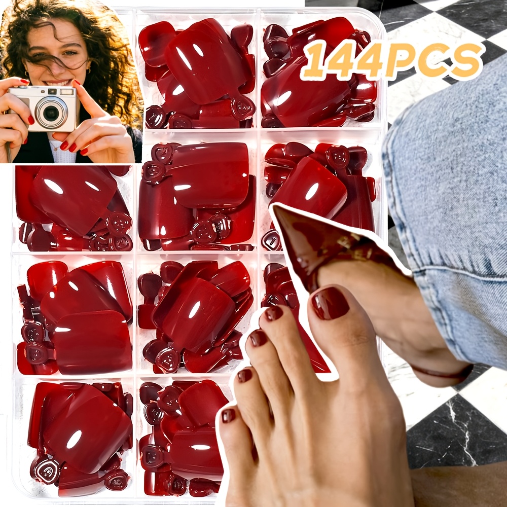 TEMU Lot de 144 faux ongles d'orteils rouge vin à presser, faux ongles d'orteils courts carrés à couverture complète et brillants, réutilisables,