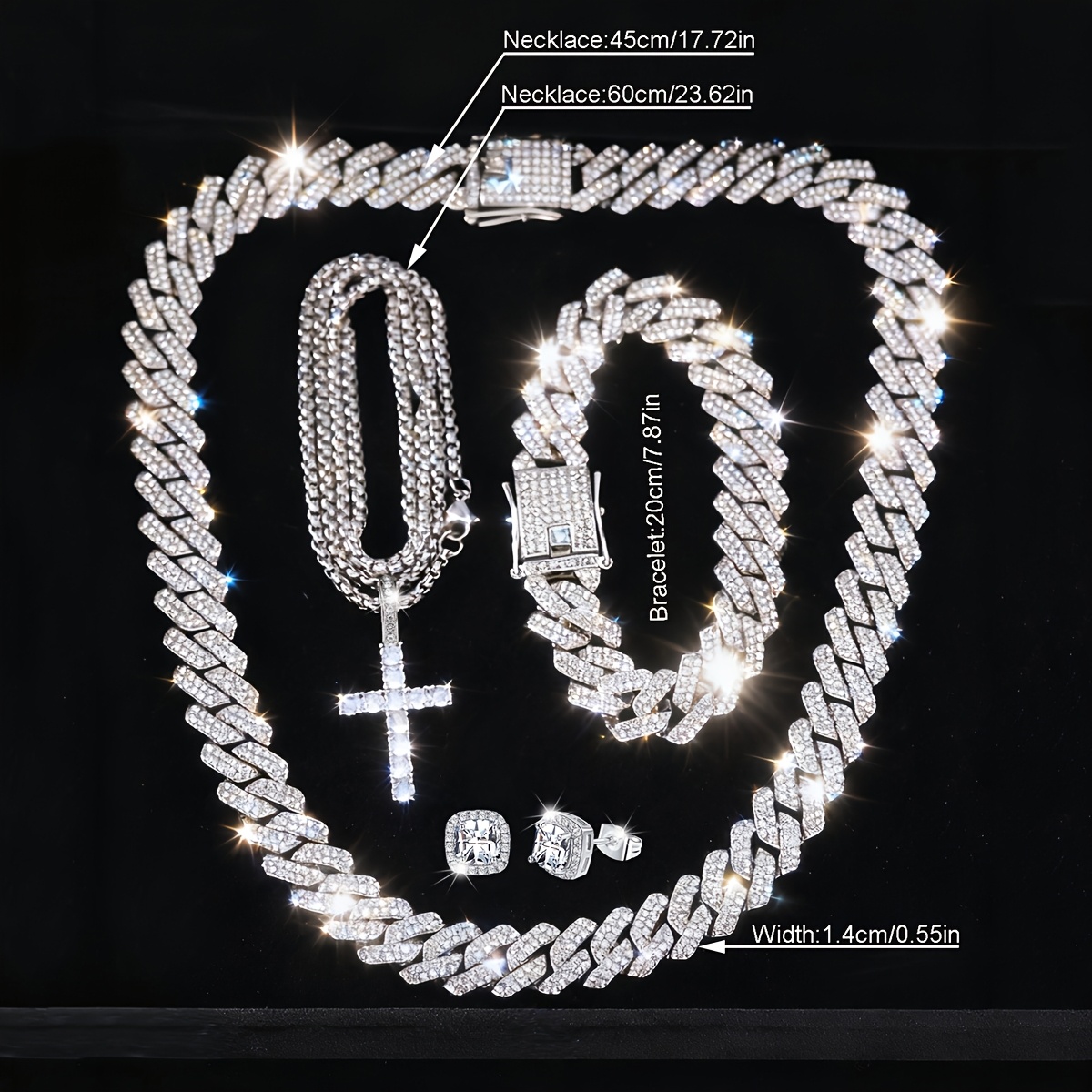 4pcs Classic Cuban Chains Necklace & Bracelet Set with Cross Pendant
