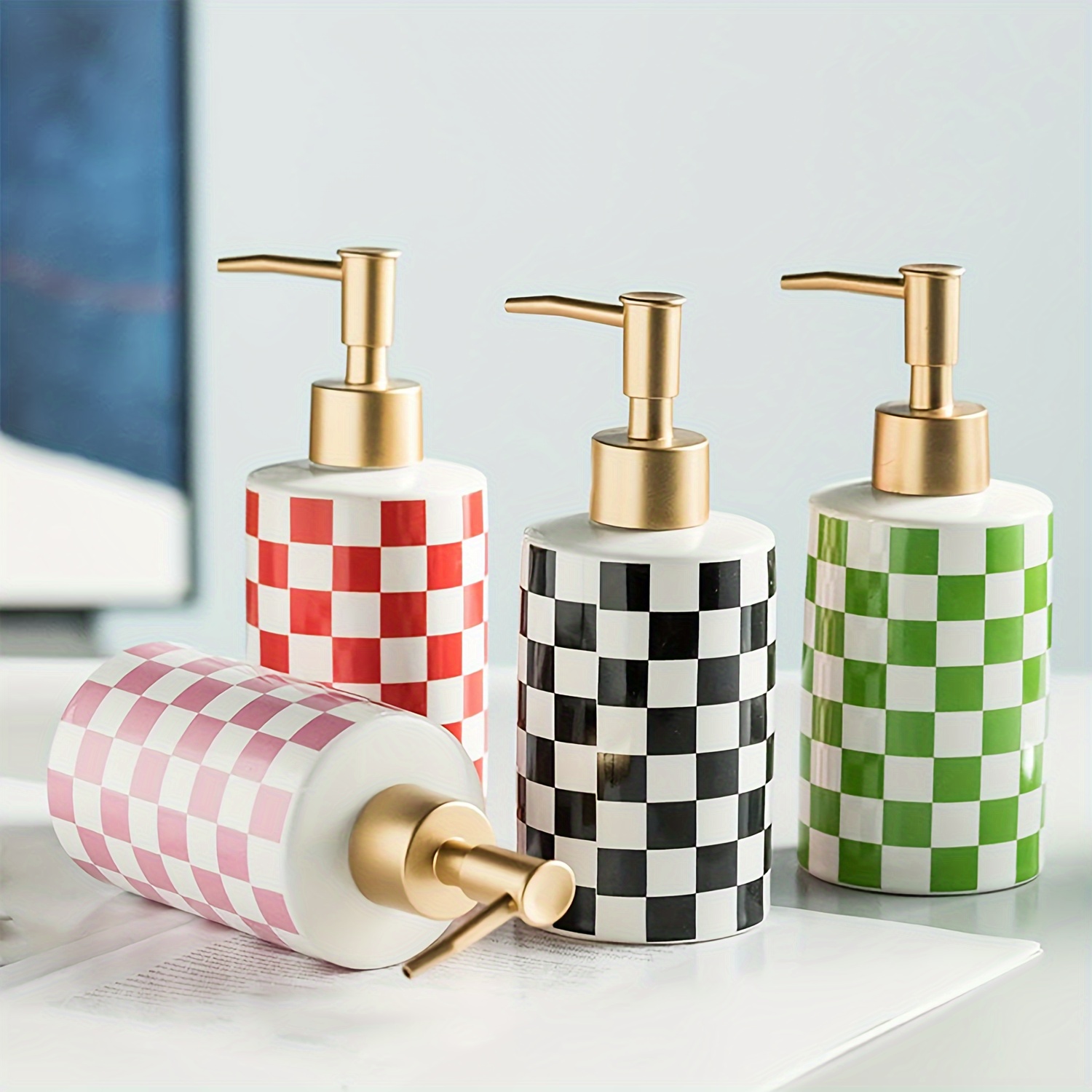 

Checkered Ceramic Soap Dispenser With Rust Proof Gold Matte Pump Decorative Soap Dispenser For Bathroom Or Kitchen