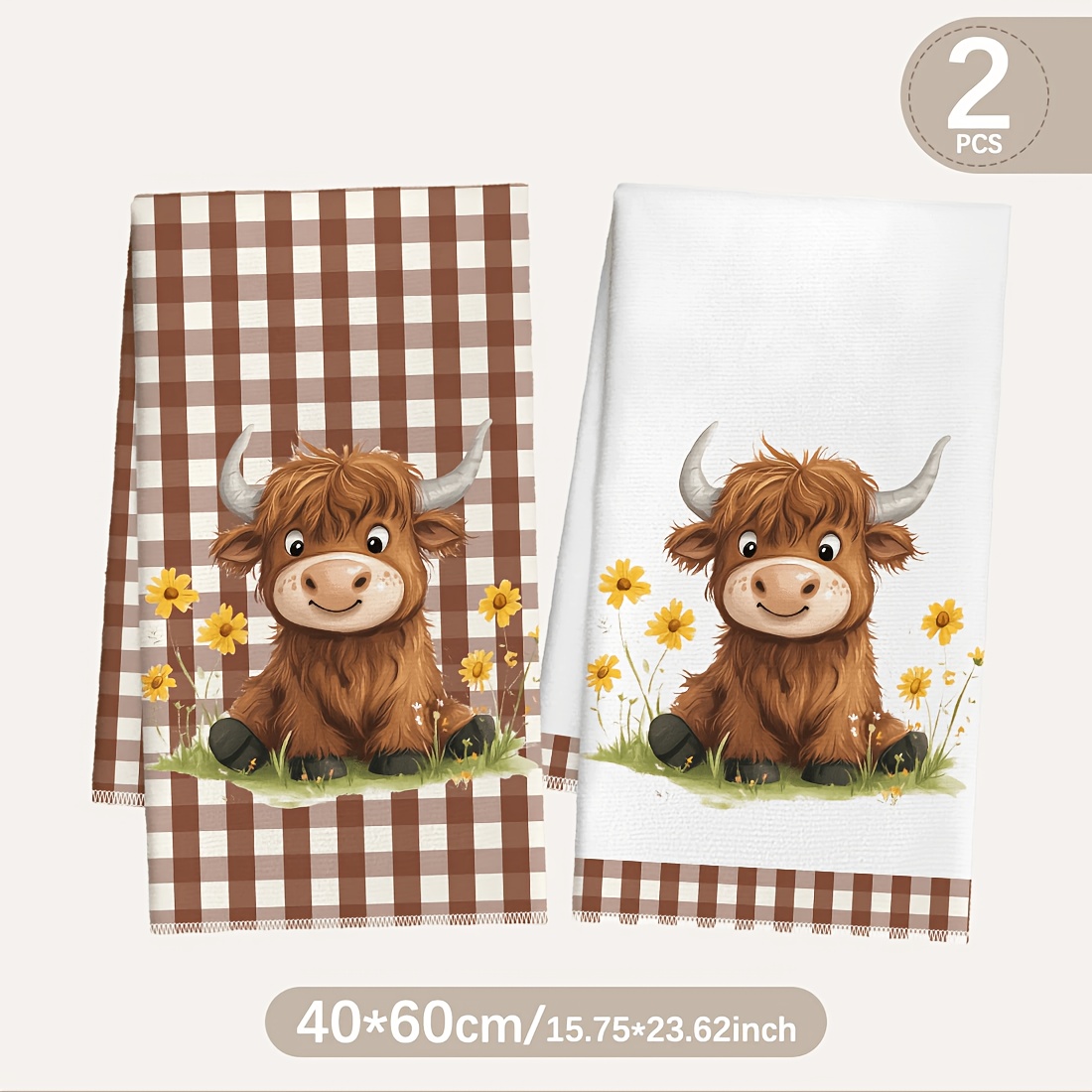 TEMU 2pcs Set Brown And White Pattern Cartoon Highland Cow With Cute Sunflower And Pastoral Calf Print Kitchen Towels, Dish Towels, Dishcloths, Home