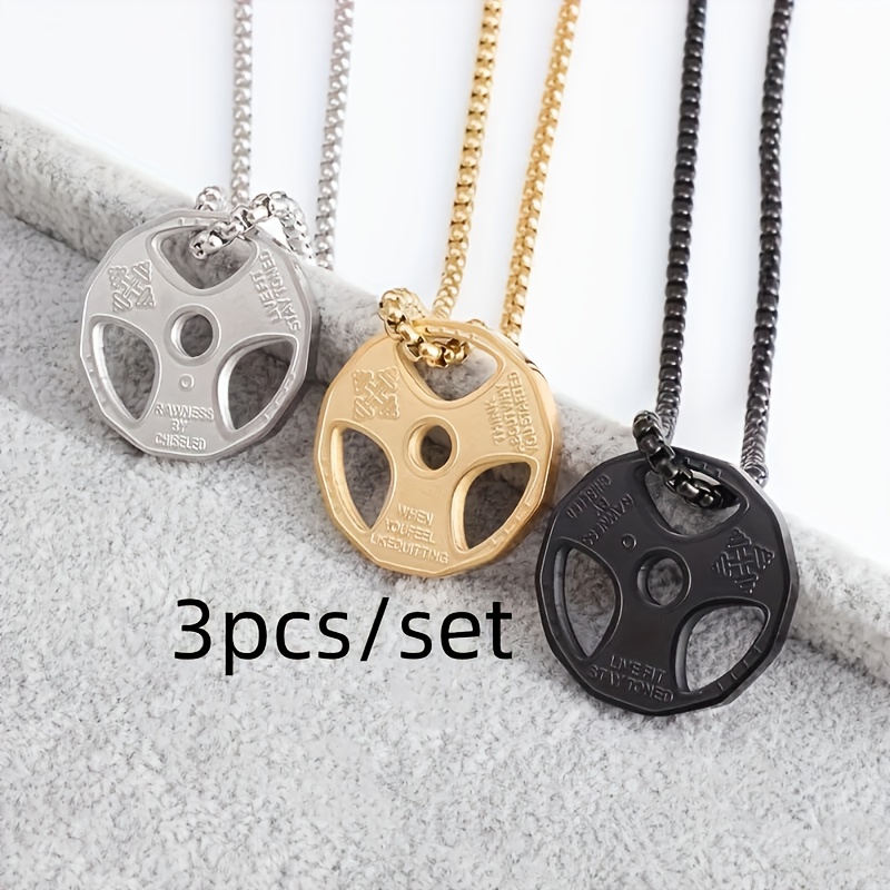 

3pcs/set Titanium Steel Disc Dumbbell Pendant Barbell Necklace Suitable For Men's Gym Muscle Fitness Leisure Sports Accessories