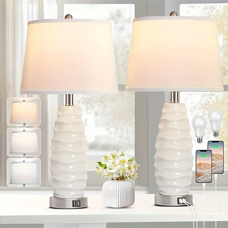 

White Table Lamp Set Of 2, 26" Farmhouse Bedside Lamps For Bedroom With Usb Port, Modern Ceramic Lamp With White Shade Nightstand Living Room Decor, Led Bulb Included