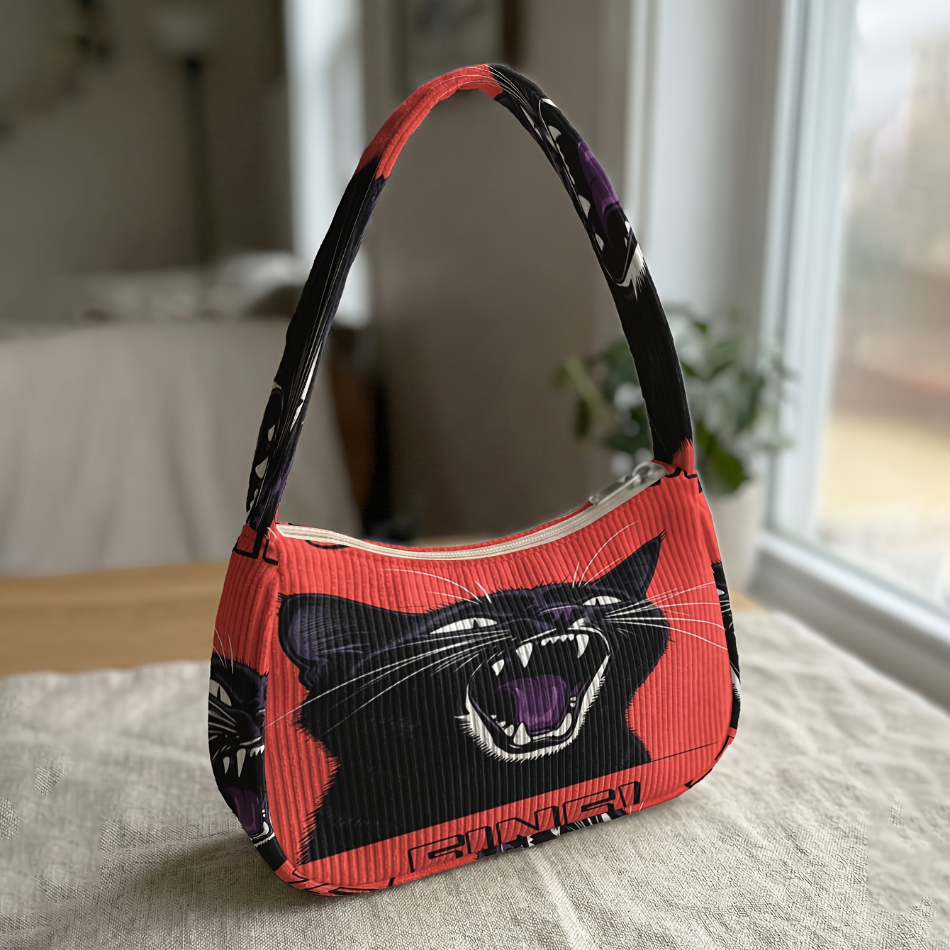 TEMU Bolso de un solo con estampado de gato con , 1 pieza, bolso de pana para , estilo retro, adecuado para desplazamientos diarios, citas, compras y