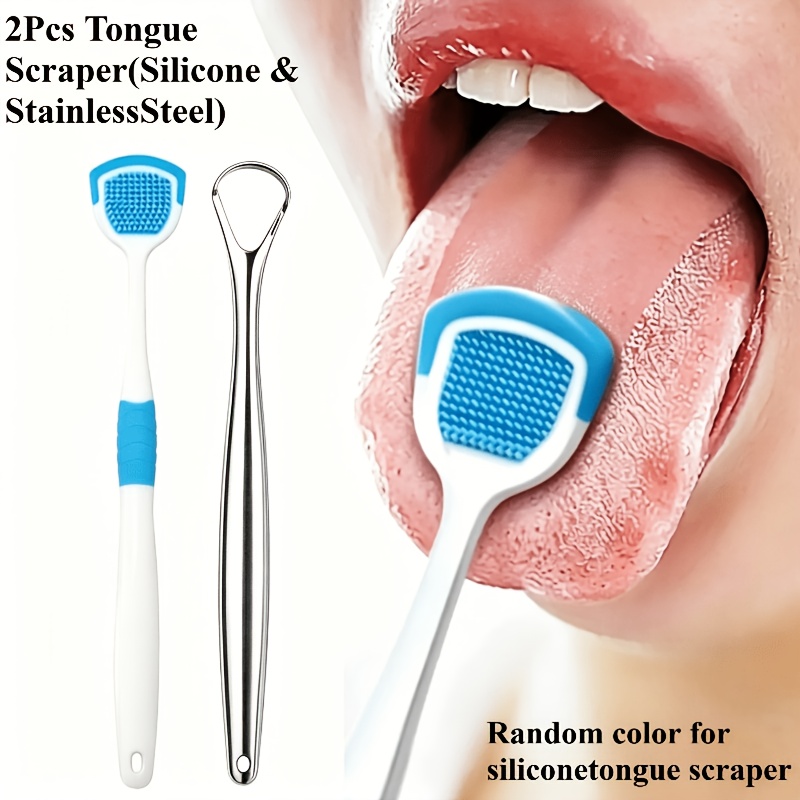 Image of Brand New 2pcs Combination Set ( Head Plastic Tongue Scraper + Stainless Steel Tongue Scraper) - Breath Control Oral Cleaning Tool, Tongue Scraper Random Color (plastic Material), Keep Breath Fresh