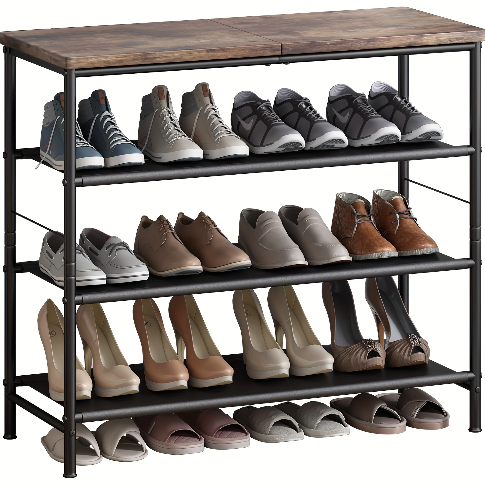 

Suoernuo Shoe Rack Organizer 4 Tier Metal Organizer Shelf With Industrial Mdf Board And Layer Fabric For Entryway Closet Bedroom Living Room Garage, Black & Rustic Brown