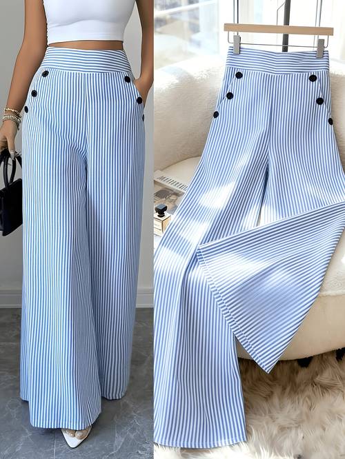 hmy blue white striped button waist wide leg pants and