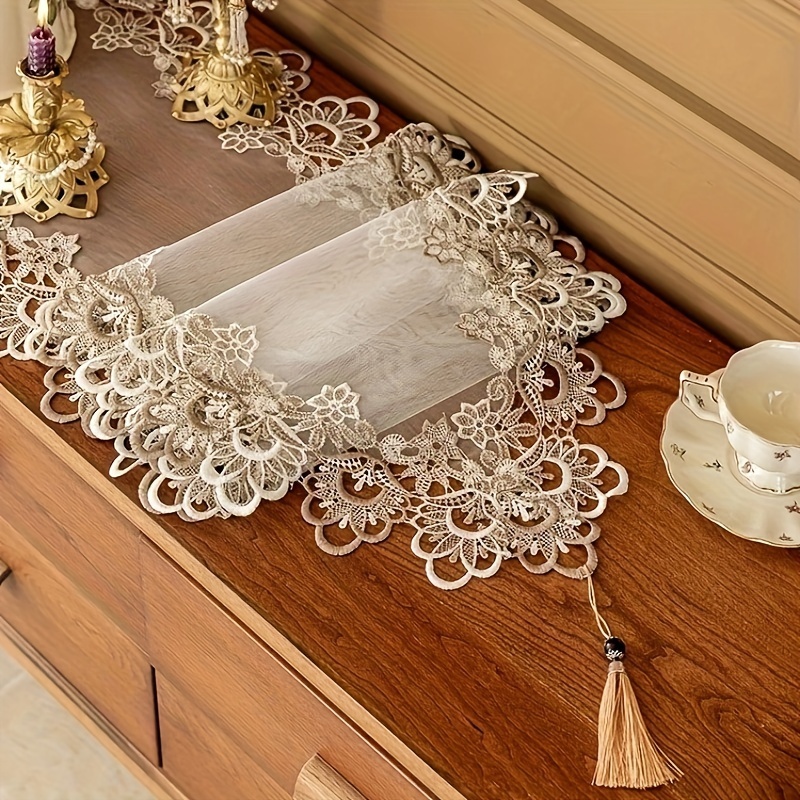 TEMU Floral Lace Table Runner - 1pc Square Polyester Woven Table Decor With Lace Edging, Ideal For Dining Room, Coffee Tables, Parties & Gatherings