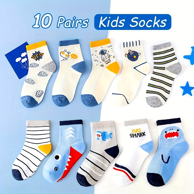10 Pairs Mid-Calf Socks with Shark & Planet Patterns