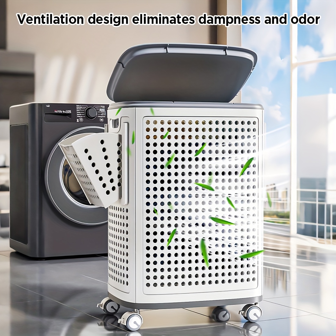 TEMU Joybos Foldable Laundry Basket With Pulleys | Durable Rolling White & Gray Ventilated Storage Bin, 4 Smooth-rolling Casters For Clothes, Towels,