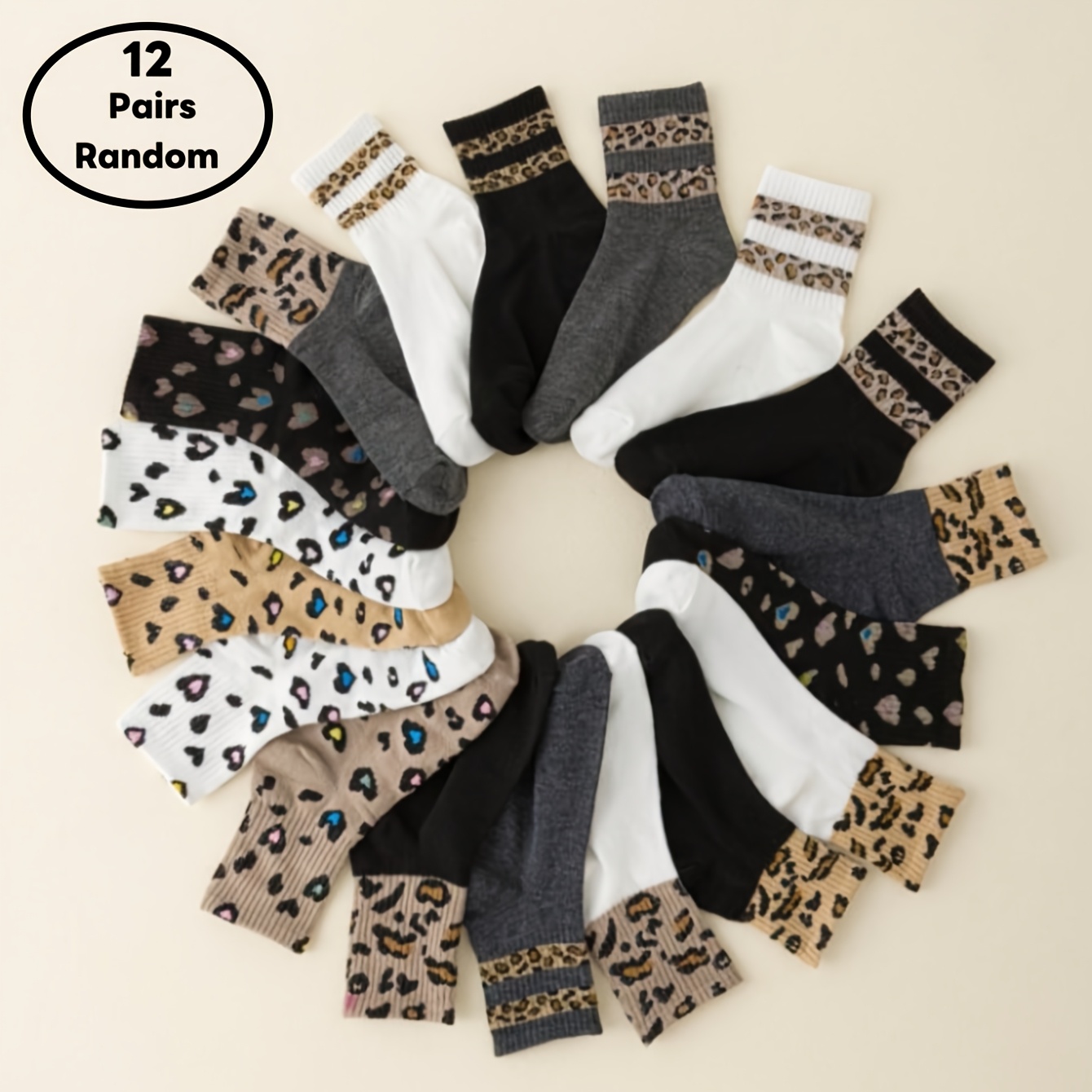 E-shop 12 Paar zufällige Herren- und Damen-Mid-Cut-Socken mit Leopardenmuster und Streifen, Retro-Sport, Freizeit, Fitness, bequeme Outdoor-Socken