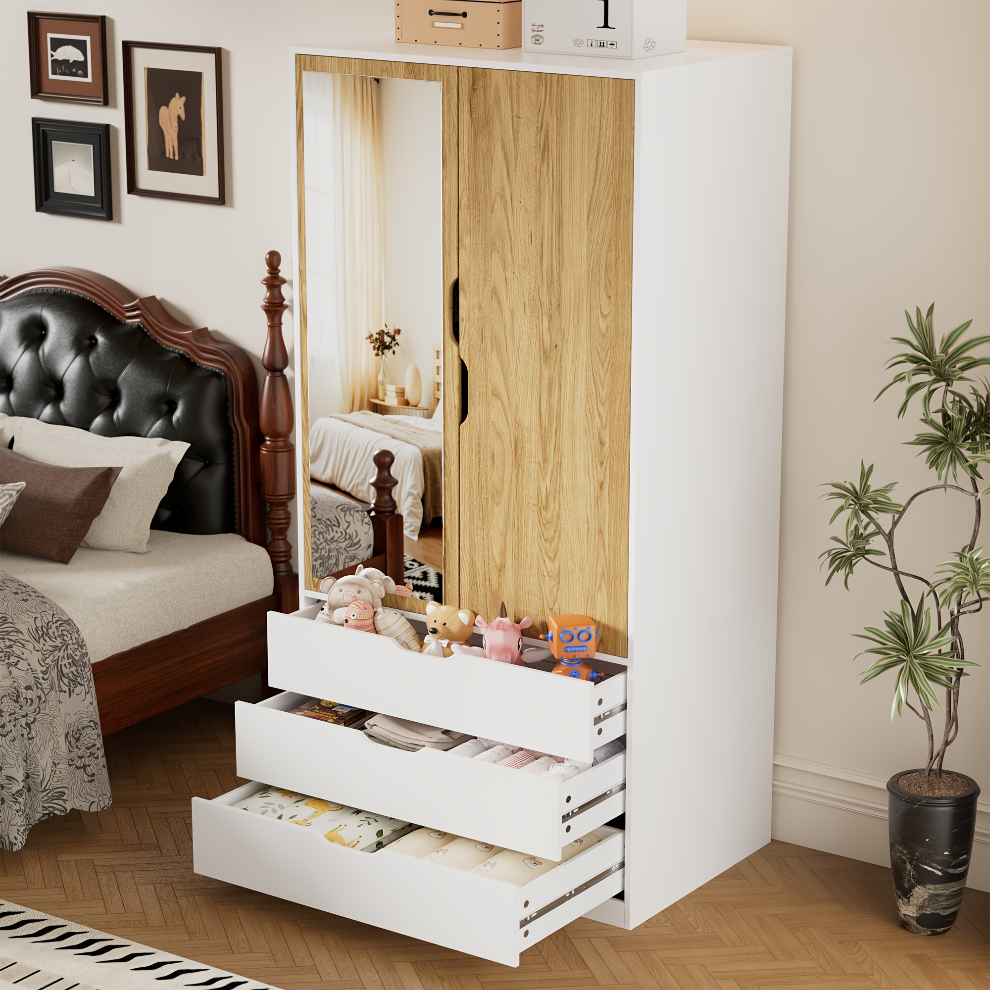Image of Double-door Wardrobe Featuring A Mirror, Bedroom Storage With 3 Drawers, Contemporary Design, Ideal For Bedrooms, Walk-in Closets, And , Dimensions 180 X 80 X 50 Cm