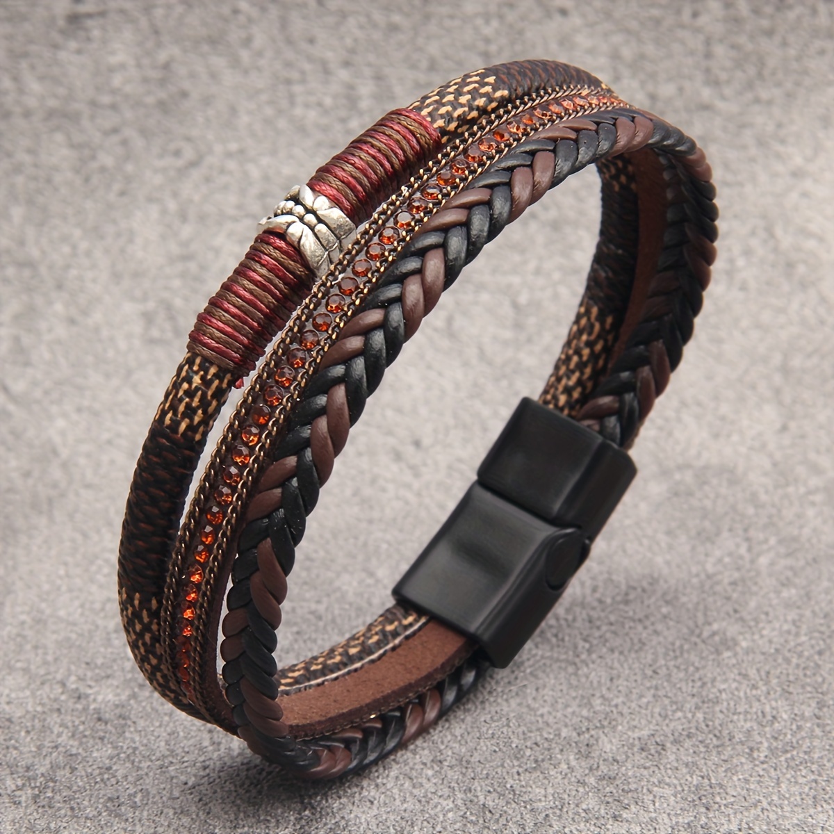 

1pc Fashion Rock Multi-layer Pu Leather Magnetic Buckle Bracelet, Braided Retro Versatile Bracelet, Gift For Brother And Boyfriend, Daily Music Festival Party Accessories