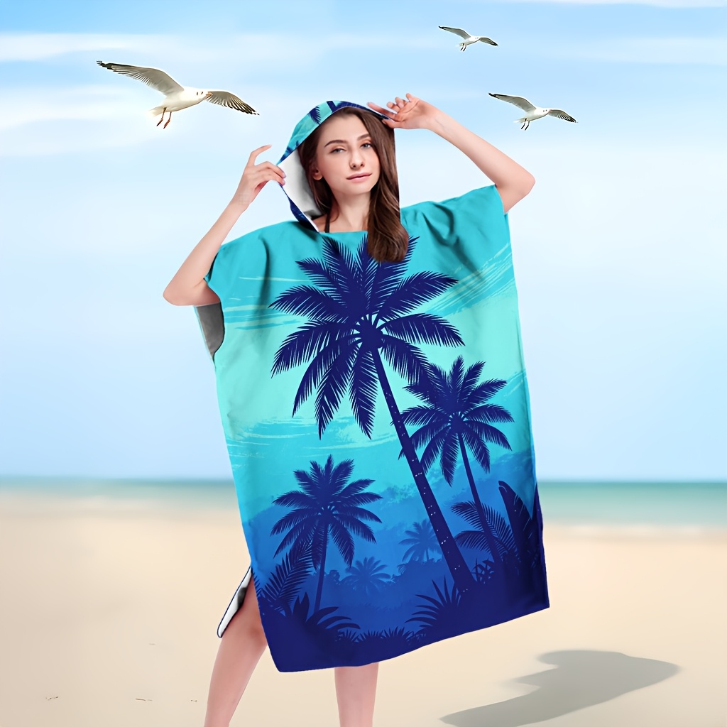 TEMU 1pc Super Soft Beach Towel With Hood Of Palm Trees On Gradient Wearable Bathrobe Extra Large Microfiber Quick Dry Beach Towel Multi Size
