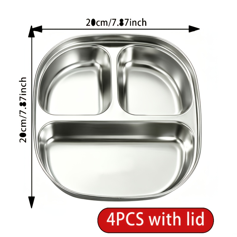 TEMU Lot de 4 plateaux en acier inoxydable avec couvercle en PP, adaptés pour les restaurants, cuisines, , repas d'entreprise et préparation de repas