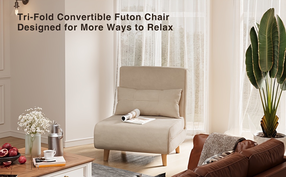 3-in-1 Convertible Sofa Bed Sleeper Chair with Pull-Out Bed, 6-Level Adjustable Backrest & Cushioned Armrests - Space-Saving Modern Furniture for Small Apartments, Dorms, Guest Rooms - Beige Sofa Chair Converts to Bed, Sleeper Sofa Bed