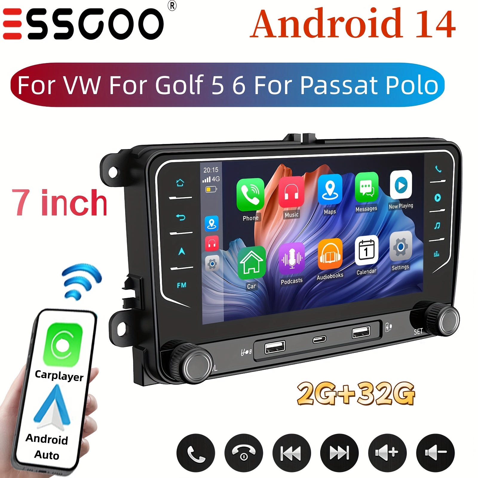 Esscoo 14 Car Stereo For Vw Golf 5/6, ,, - 7" Hd Touchscreen 2 Din Navigation, Wireless Auto/carplay, Wireless, Steering Wheel Control, , Compatible With Vw Tiguan, Jetta, Jetta Sportwagen