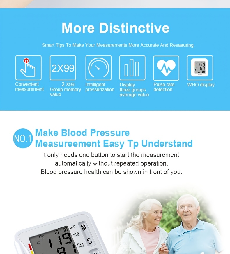 w01 wrist   bp blood pressure meter stethoscope   precise measurement lcd display voice broadcast suitable for high and low blood pressure heart rate irregular detection battery not included Product details 5