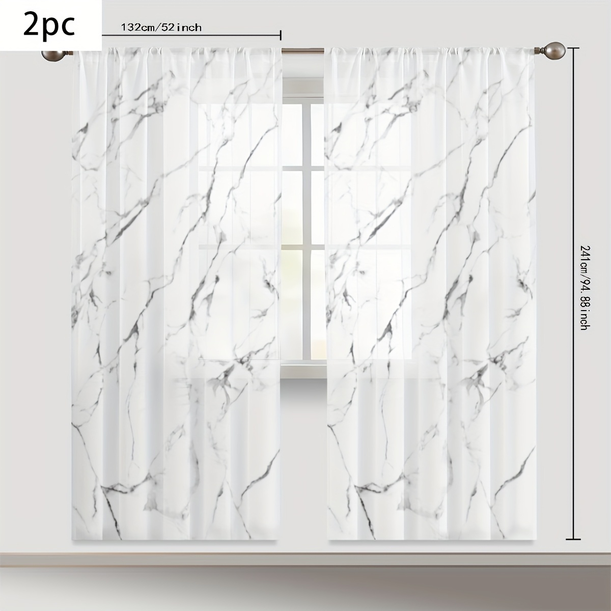TEMU 2pcs Gray Marble Pattern Printed Semi-transparent Curtains, Breathable Polyester Fabric, Suitable For Living Room And Bedroom Decor With Rod