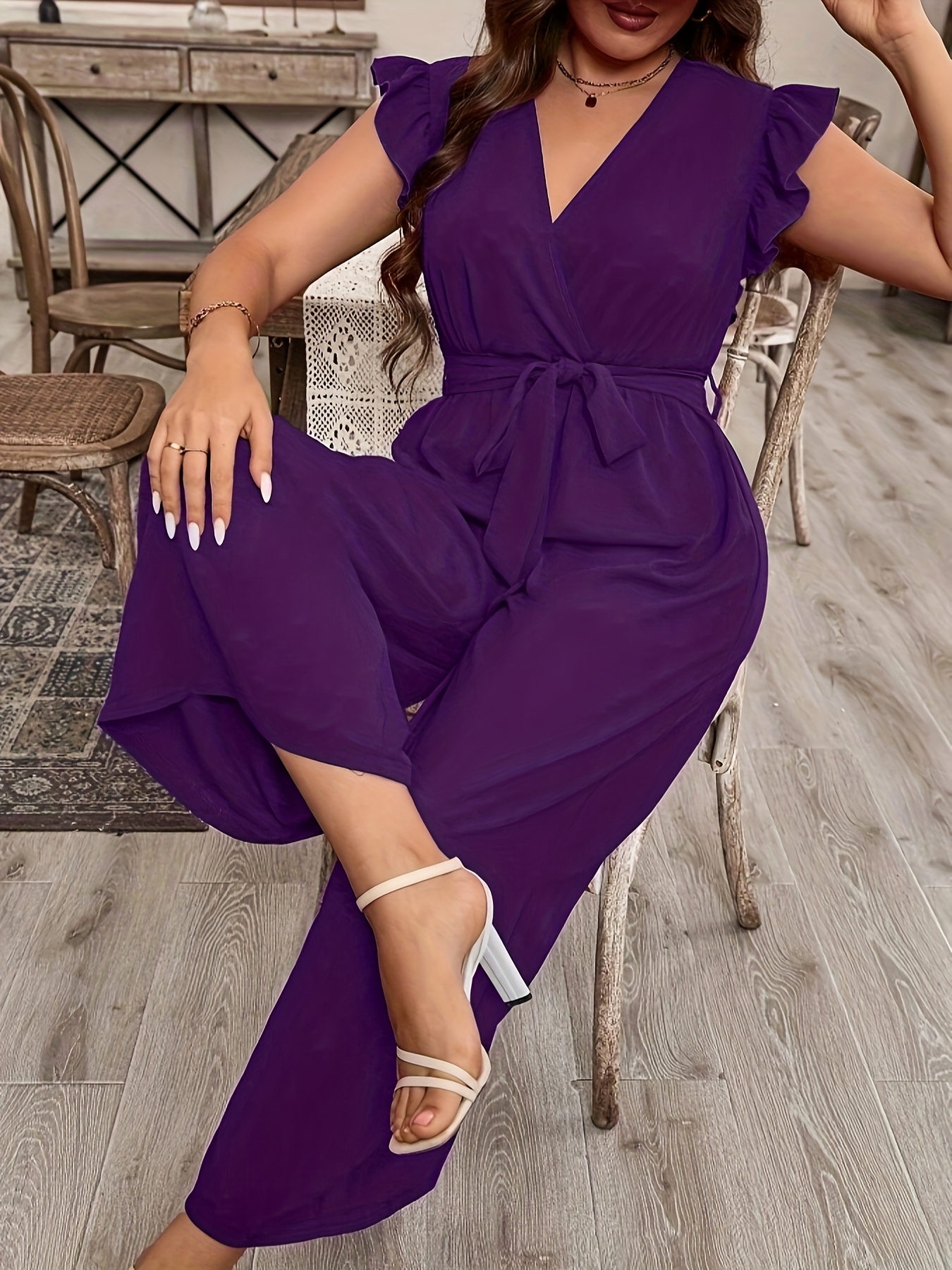 Color: Purple Ruffle and Belt Solid Color V-Neck Bodysuit